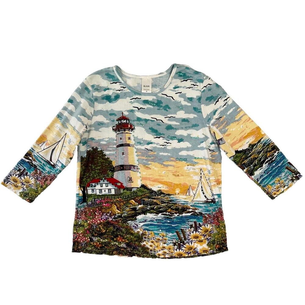 Multi Color Pullover Top Watercolor Beach Artsy 3/4 Sleeve Tunic Size M